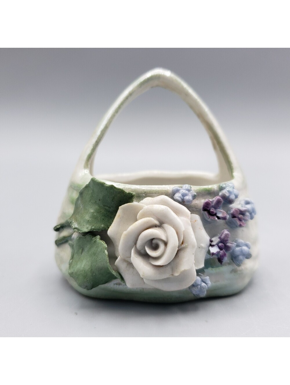Vintage Elfinware Porcelain Flower Basket Germany Green Luster White Rose